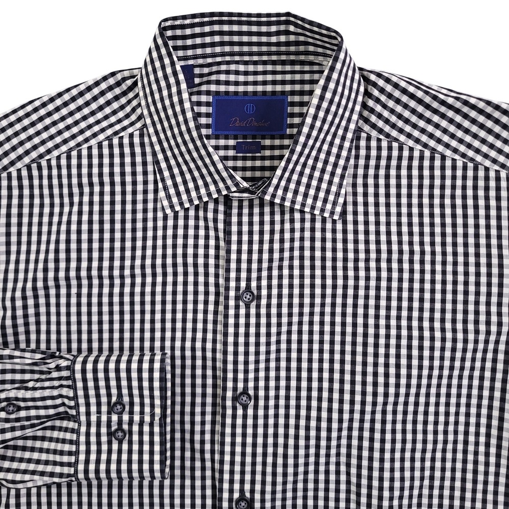 David Donahue Dress Shirt Mens 16.5 34/35 Trim Fit Black White Gingham Check